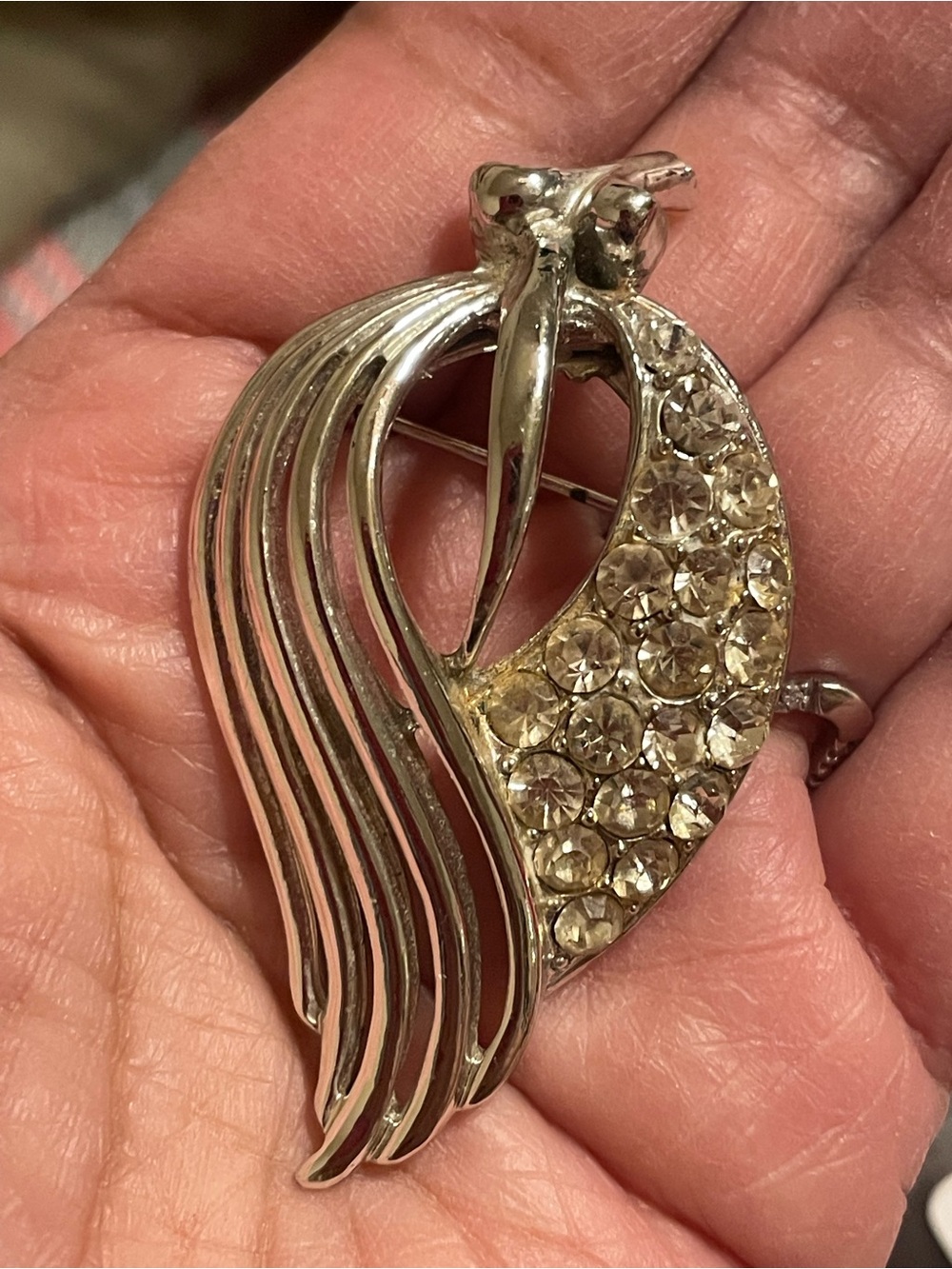 Coro Silver-Tone Wing Brooch with Clear Crystals